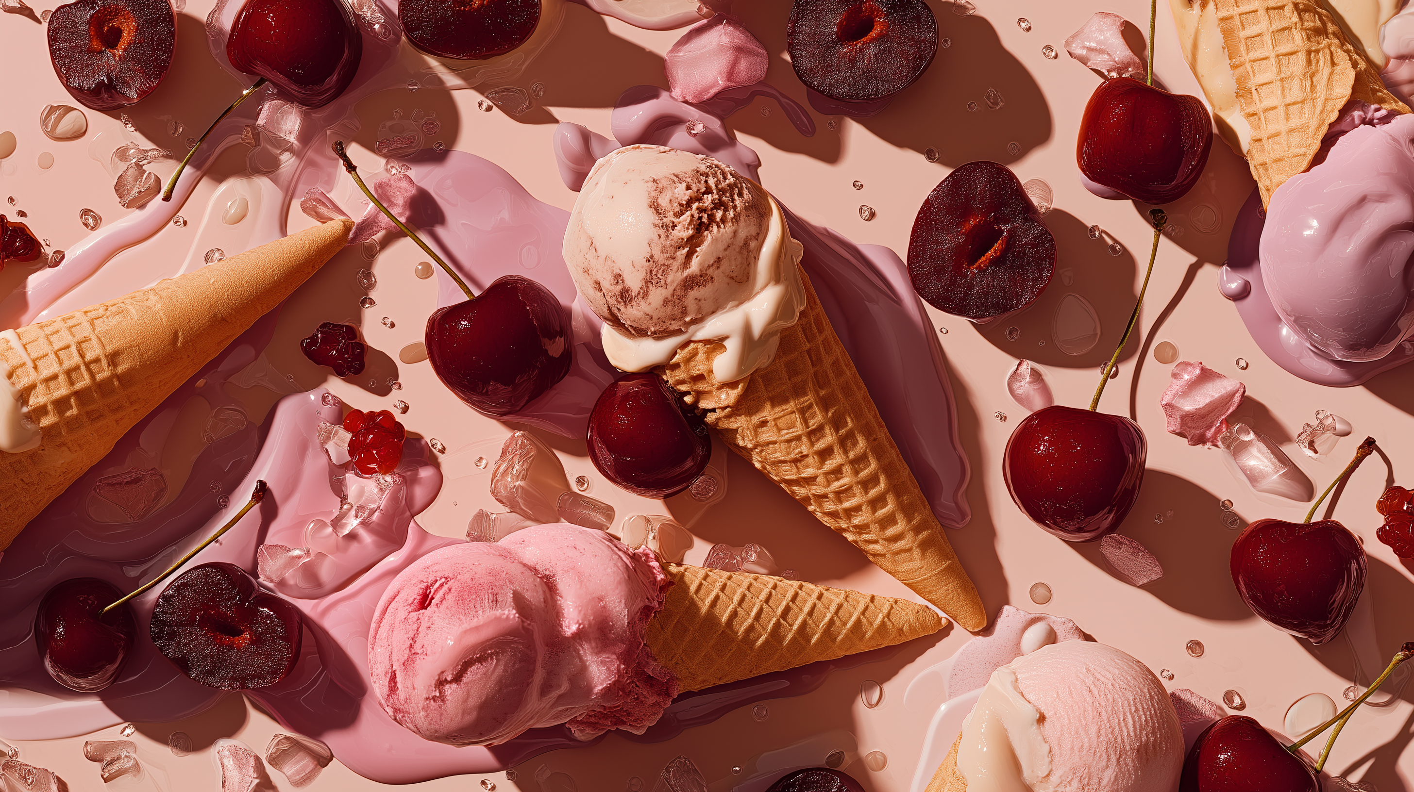 Ice cream cones and scoops with cherries on a pink surface
