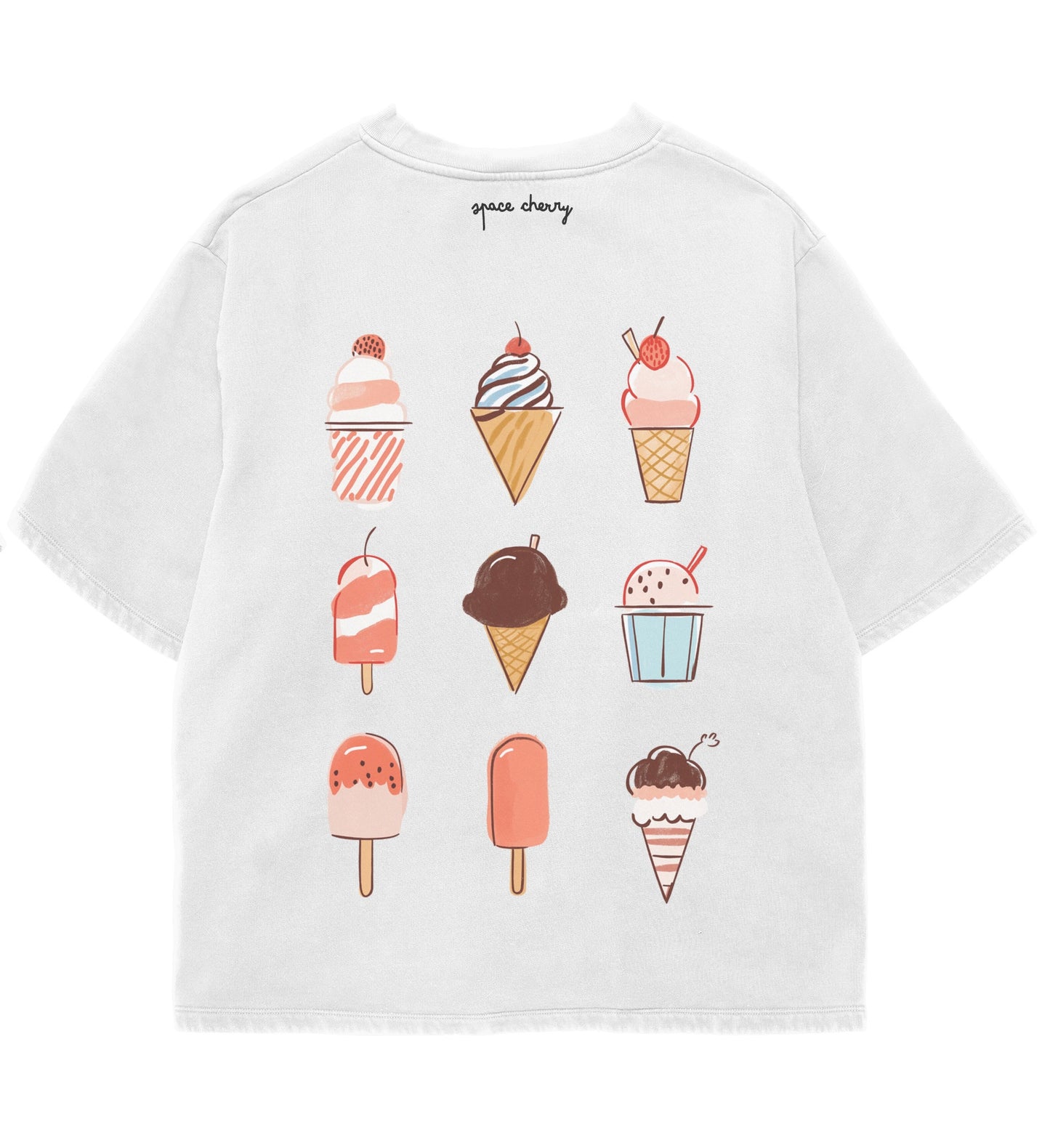 White t-shirt with ice cream cone and popsicle graphics on a white background