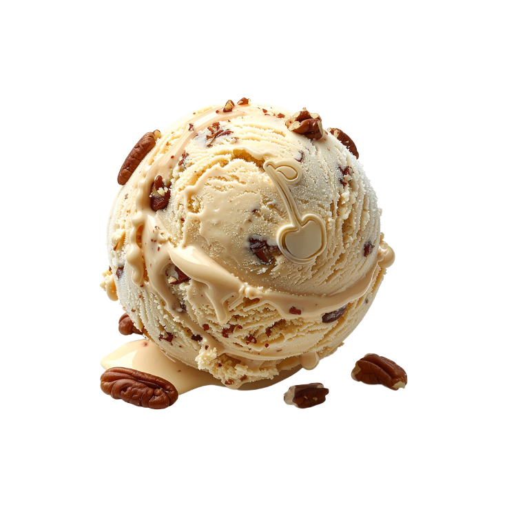 Ice cream scoop with pecans on a white background