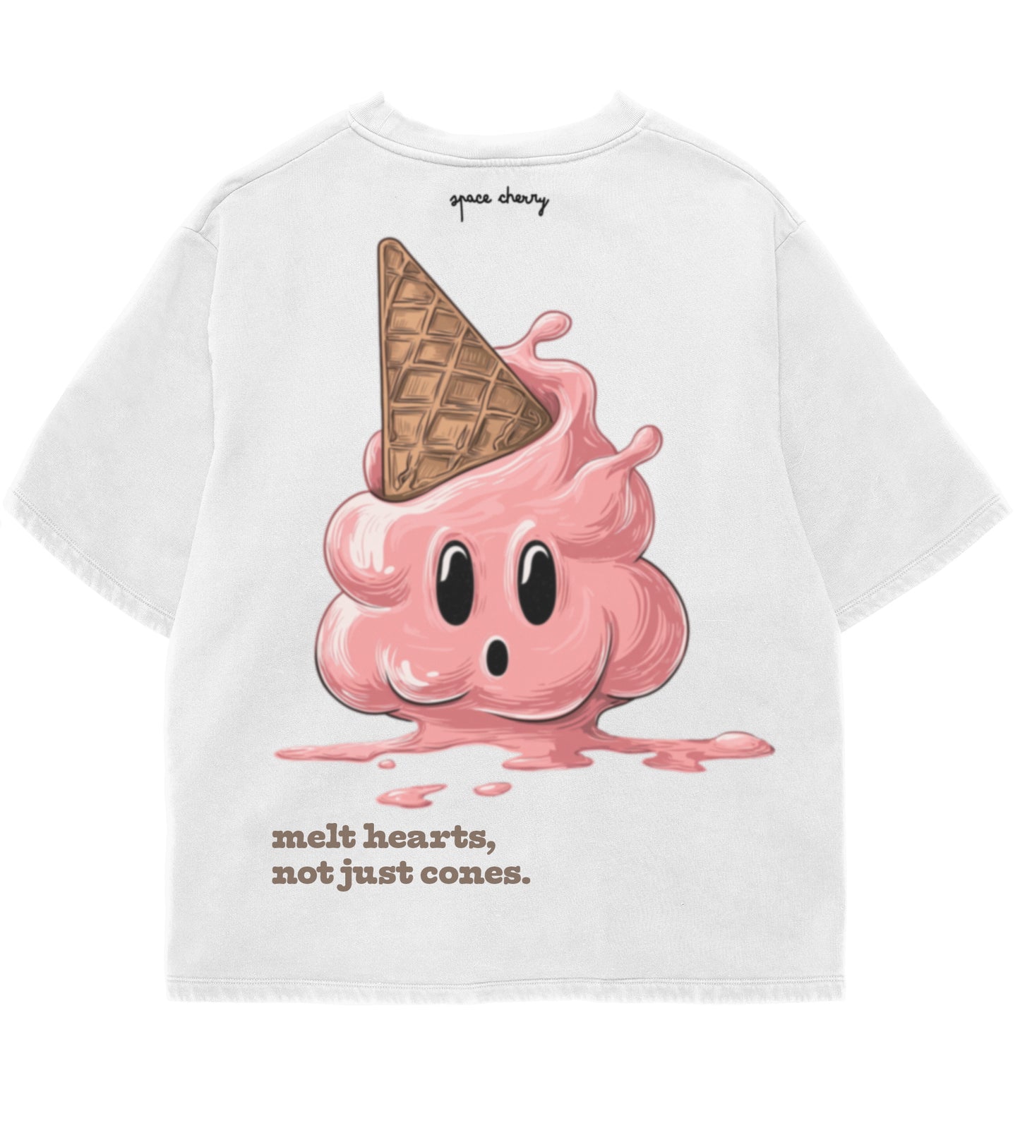 Melting ice cream cone illustration with ‘melt hearts, not just cones’ text on white boxy streetwear t-shirt