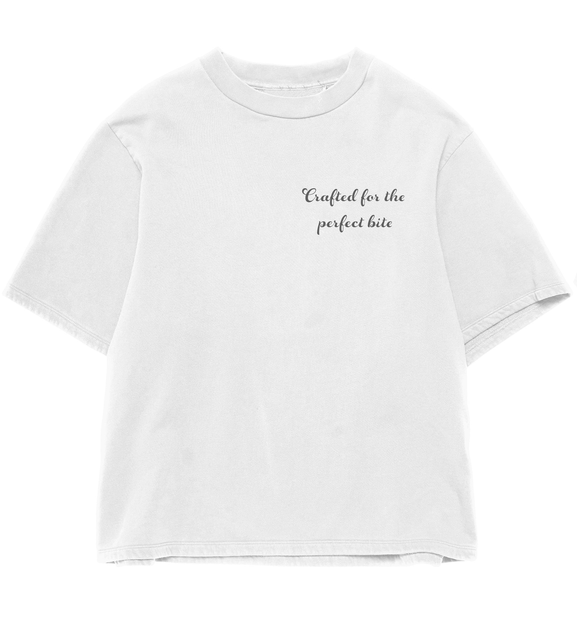 Black cursive text ‘crafted for the perfect bite’ on white unisex dessert-themed T-shirt