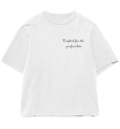 Black cursive text ‘crafted for the perfect bite’ on white unisex dessert-themed T-shirt