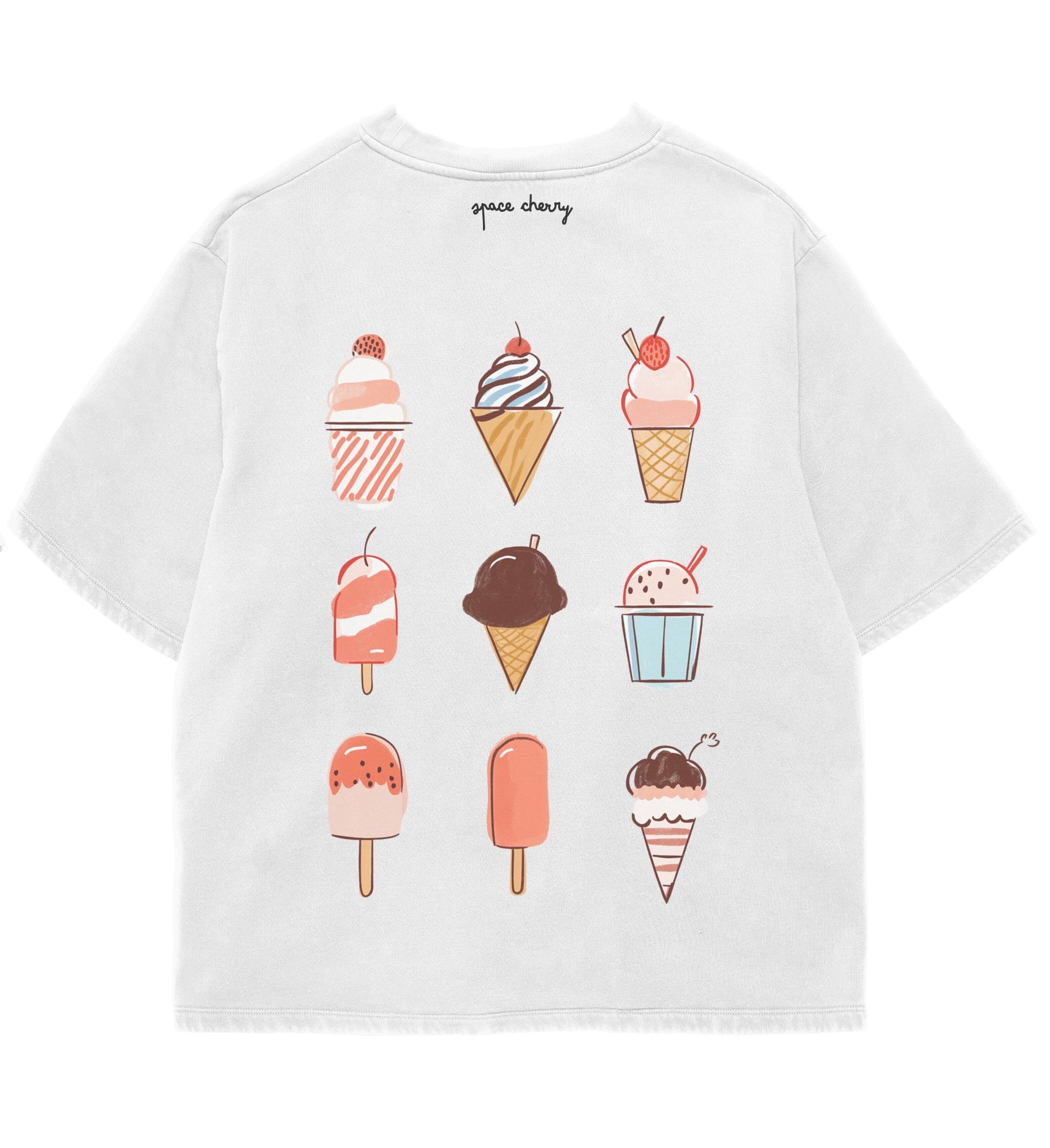 White t-shirt with ice cream cone and popsicle graphics on a white background