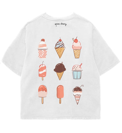 White t-shirt with ice cream cone and popsicle graphics on a white background
