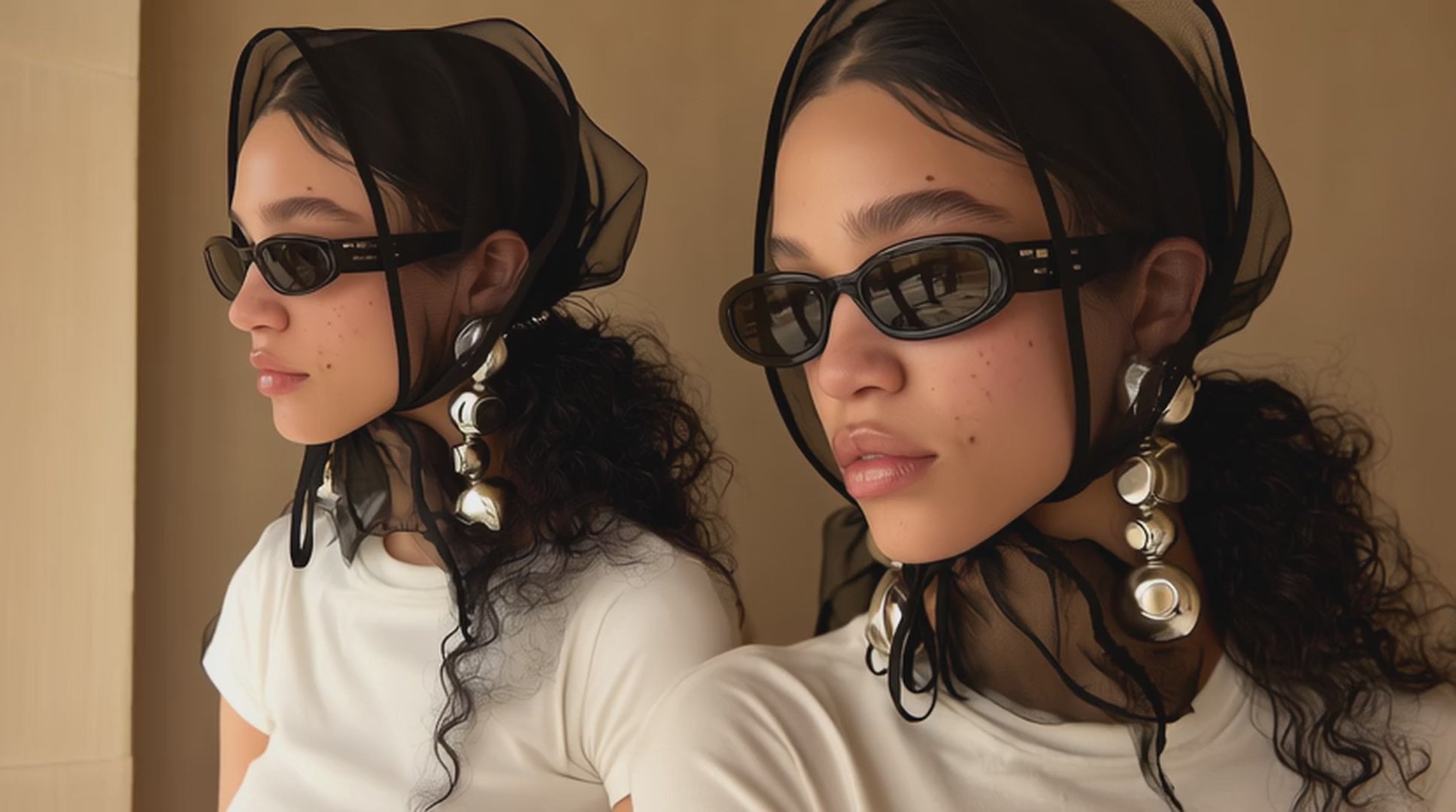 Load video: Two young women styled in plain white tshirts and high fashion accessories.