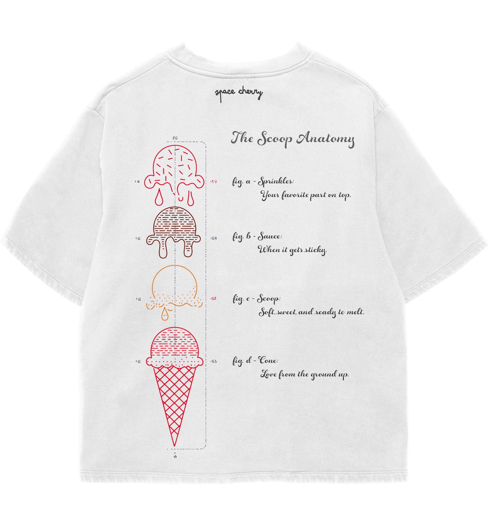 White t-shirt with illustrated ice cream anatomy labeled sprinkles, sauce, scoop, and cone on fun foodie graphic tee
